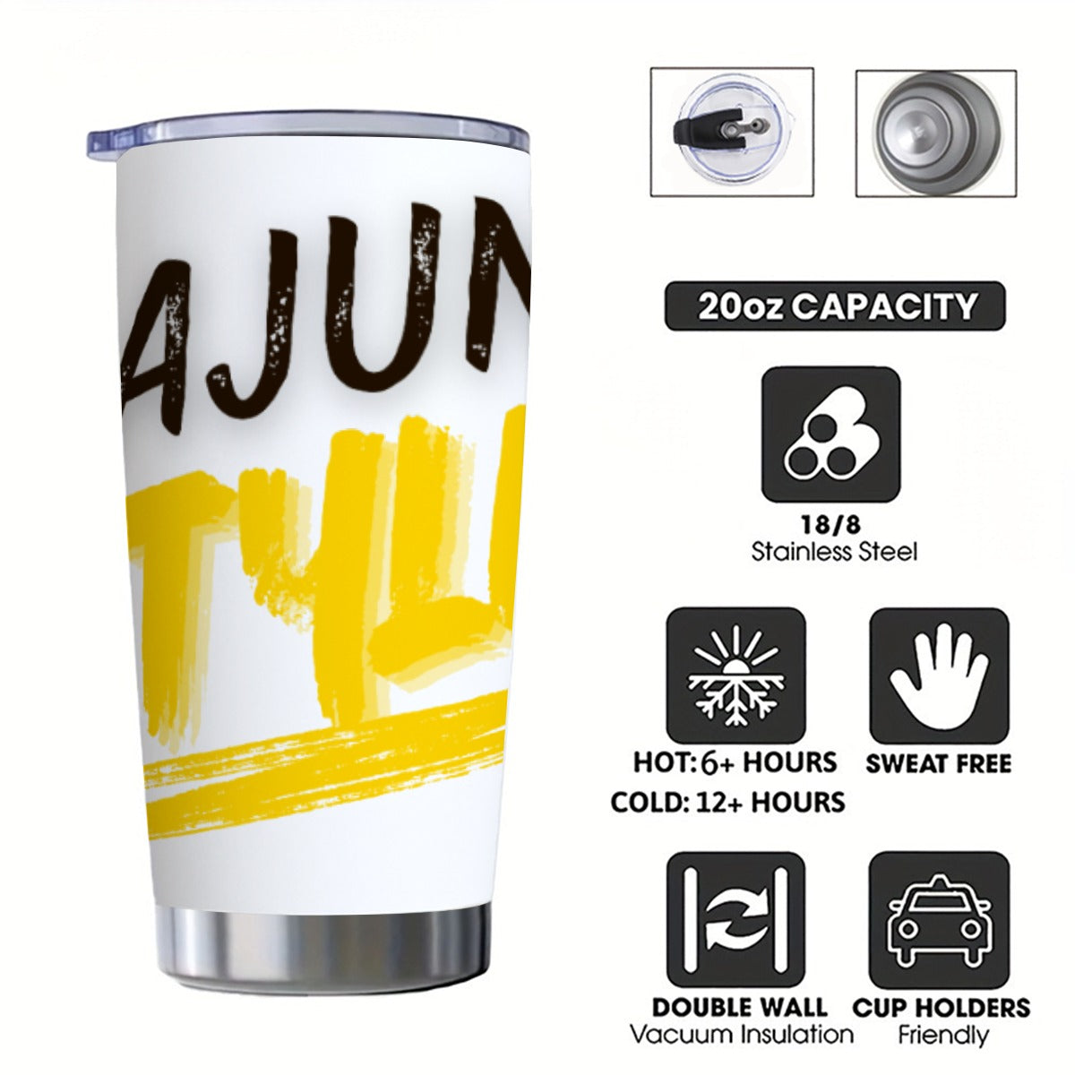 A white tumbler with a picture of the sun sweating wiping it's forehead with a towel in text is C'est Chaud.