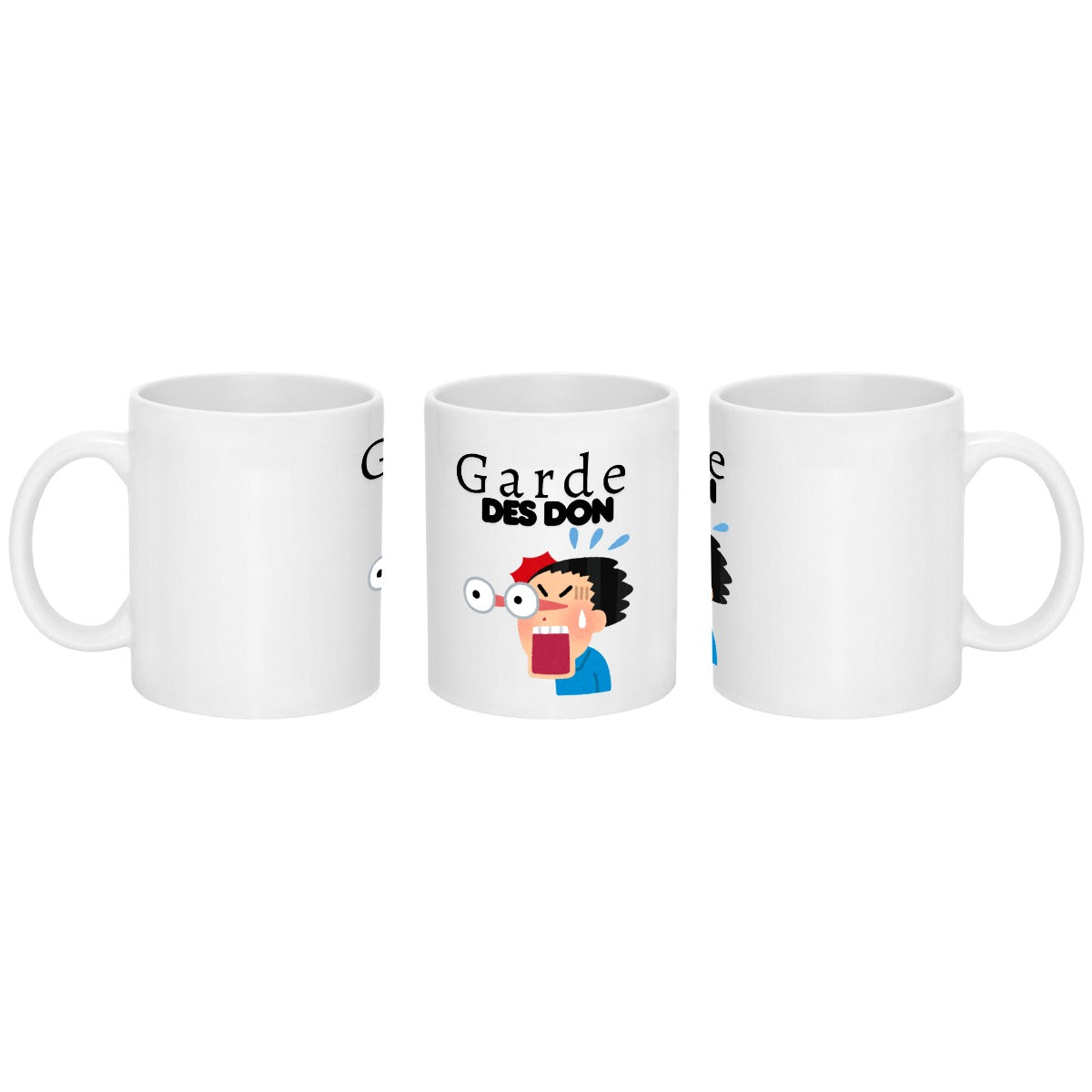 A white 11 oz coffee mug with a cartoon figures eyes popping out his head and the text Garde Des Don.