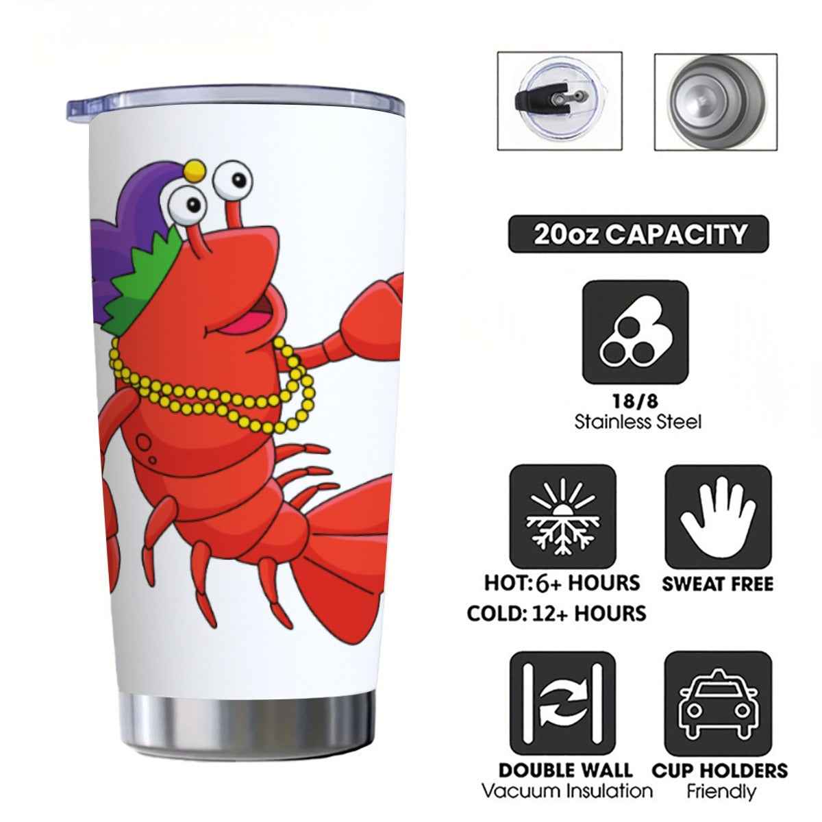 Mardi Gras Crawfish 20 oz Tumbler with Sliding Lid - Perfect Mardi Gras Tumbler for Celebrations