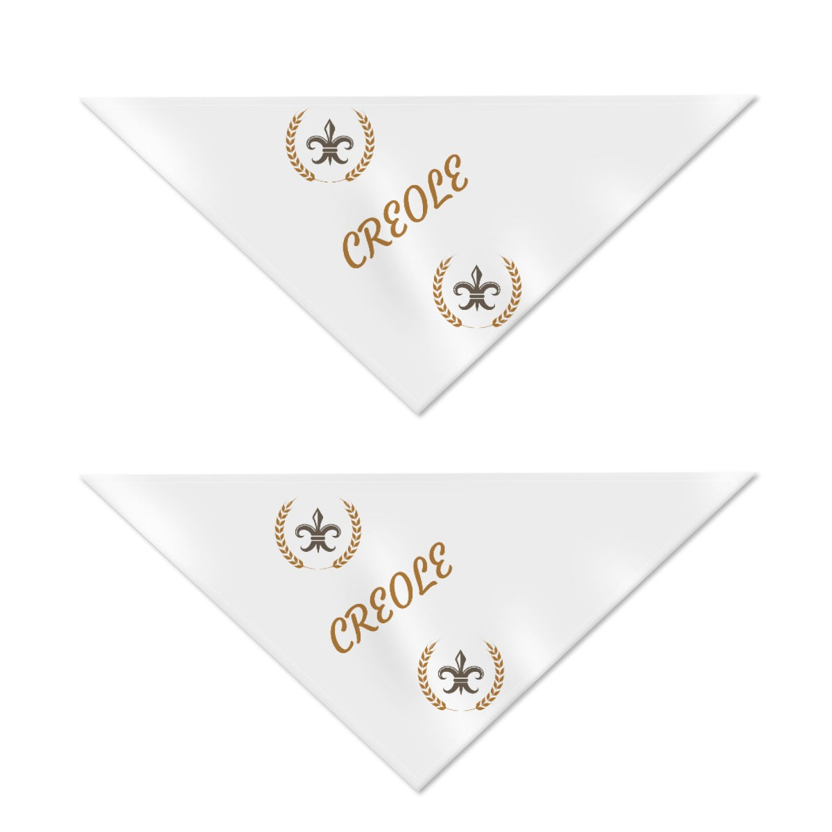 Two white triangular napkins with gold 'CREOLE' text and fleur-de-lis designs on a white background.