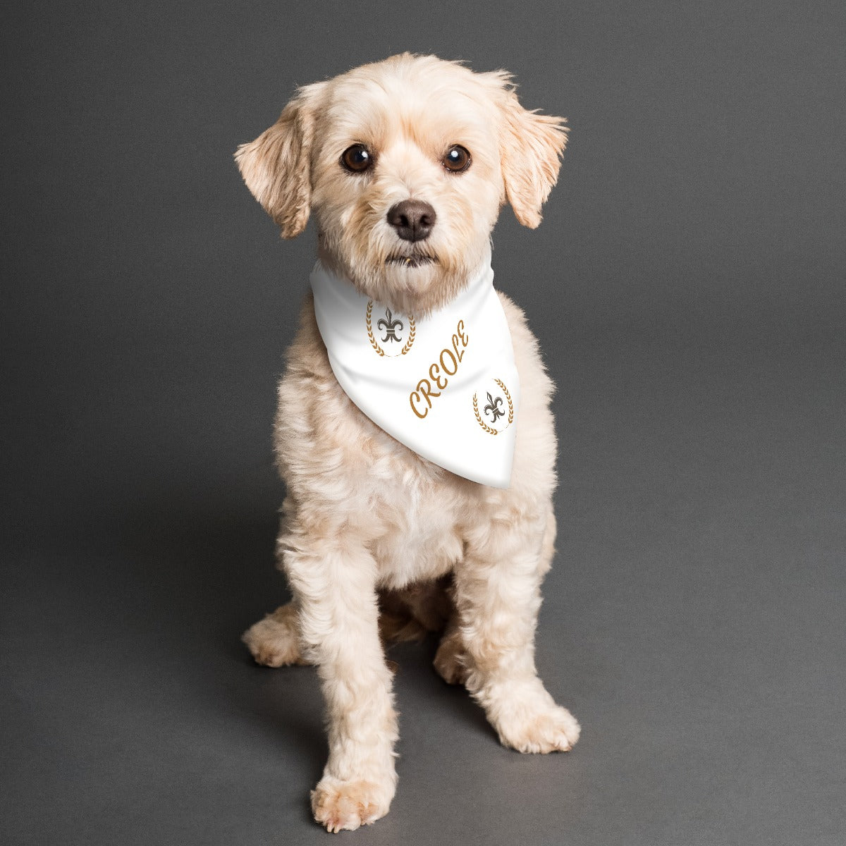 Dog wearing a white bandana with text and logos on a gray background