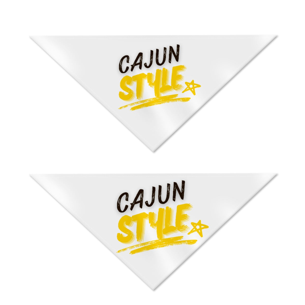Two white triangular bandannas with 'Cajun Style' text in black and yellow on a white background.