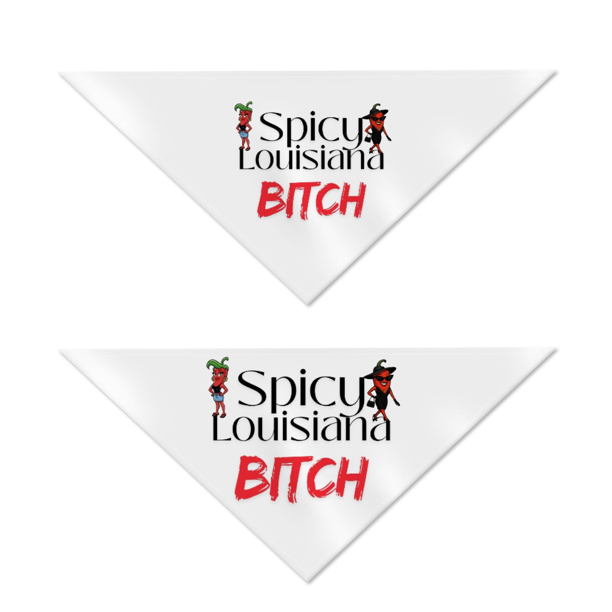 Two white triangle-shaped products with 'Spicy Louisiana Bitch' text and graphics on a white background.