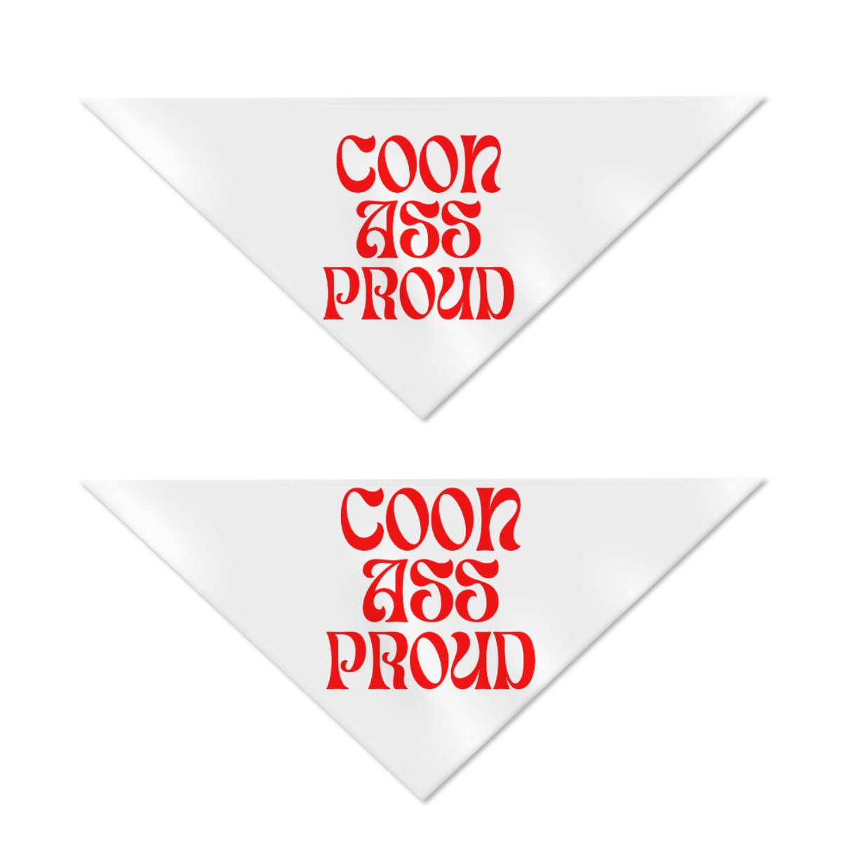 Two white bandannas with red text 'COON ASS PROUD' on a white background