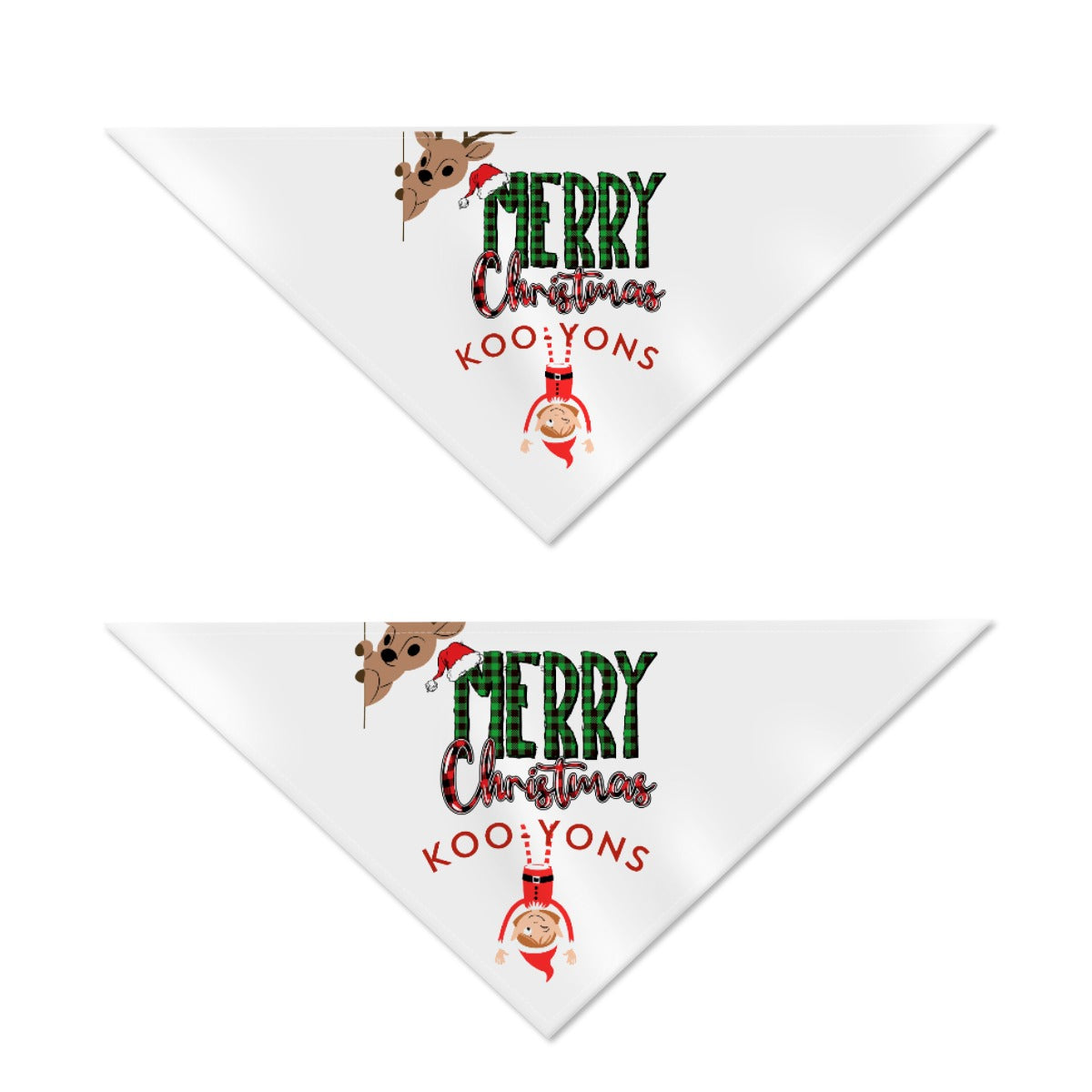Two white triangular bandanas with Christmas-themed designs and text on a white background.