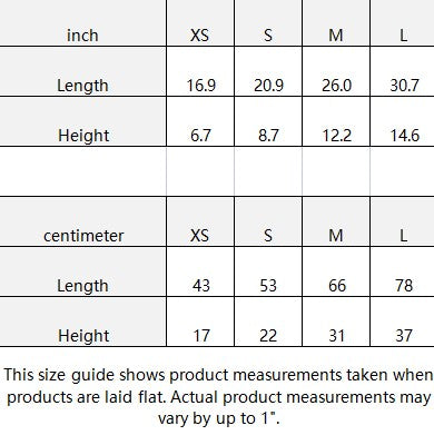 Size guide chart for product measurements in inches and centimeters with labeled dimensions.