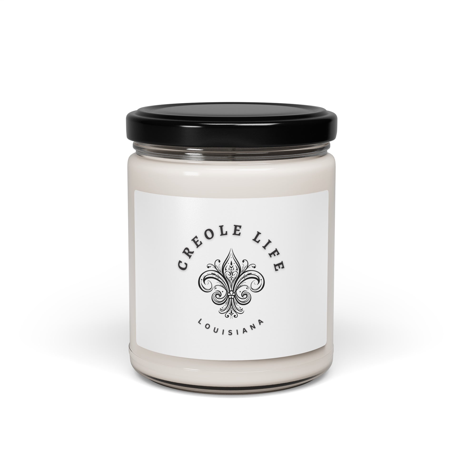 Candle jar with a black lid and 'Creole Life Louisiana' label on a white background