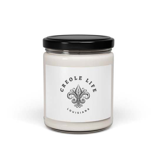 Candle jar with a black lid and 'Creole Life Louisiana' label on a white background