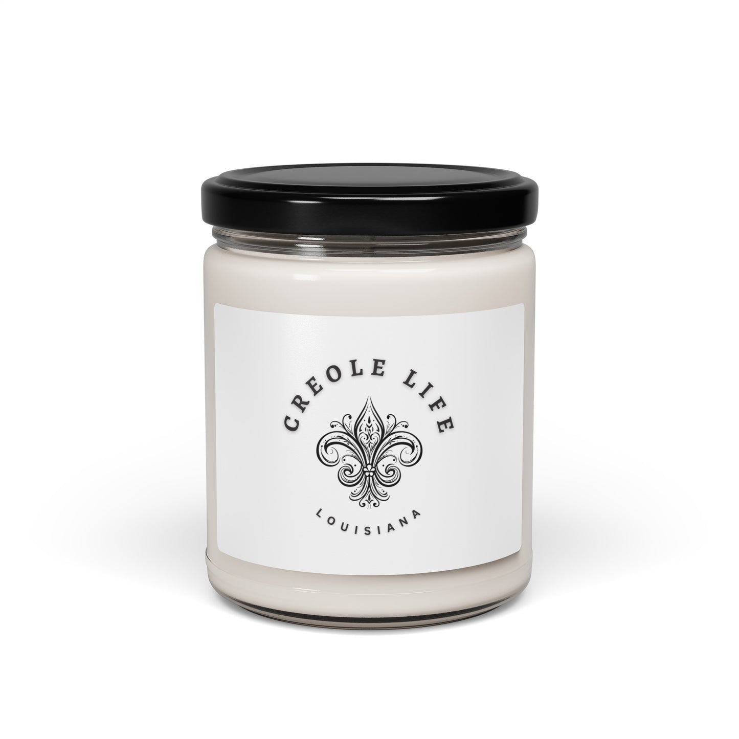 Candle jar with a black lid and 'Creole Life Louisiana' label on a white background